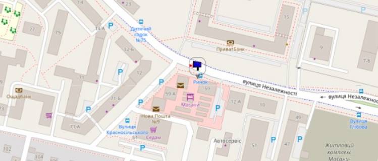Билборд A в Чернигове, Щит 3x6  Симона Петлюри (Красносільського) вул., 59 / вул. Незалежності схема