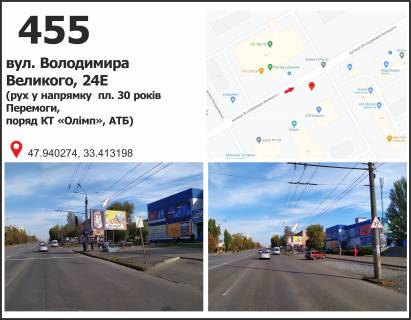 Билборд A в Кривом Роге, 3x6  вул. Володимира Великого (Мелешкіна), 24 е (КТ "Олімп", супермаркет "АТБ"), рух у напрямку пл. 30 років Перемоги фото 1