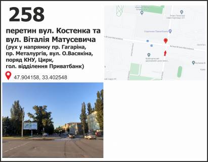Билборд B в Кривом Роге, 3x6  Віталія Матусевича вул. (кол. XXII Партз’їзду), 11 -вул. Костенка (Приват Банк, КТУ, цирк), рух у напрямку  пр. Гагаріна фото 1
