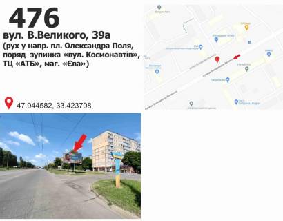 Билборд A в Кривом Роге Володимира Великого вул. (кол. Мелешкіна), 39а (рух у напр. пл. Олександра Поля, поряд  зупинка «вул. Космонавтів», ТЦ «АТБ», маг. «Єва») фото 1