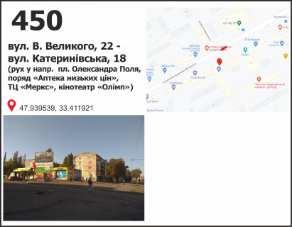 Билборд B в Кривом Роге вул. Володимира Великого (Мелешкіна), 22 - Катеринівська вул. (кол. Мануйлова), 2а (ТЦ "Меркс", КТ "Олімп"), рух у напрямку Володимира Великого пл. (кол. Артема) фото 1