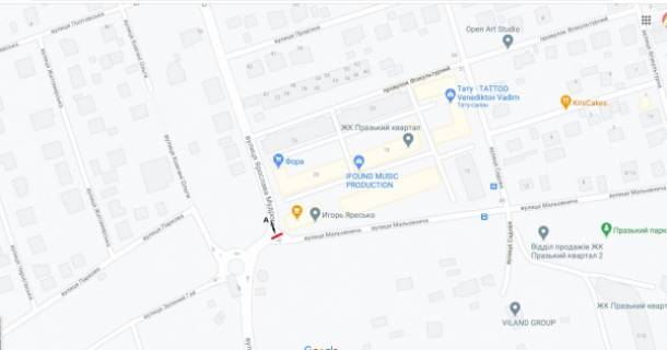 Білборд, Бігборд (Борд)  A у Петропавлівська Борщагівка, Board 3x6м  вул. Ярослава Мудрого та вул. Мальовнича, клумба на перехр.., поруч  "Meest ПОШТА", "Фора", Кавярня "Гіркий" схема