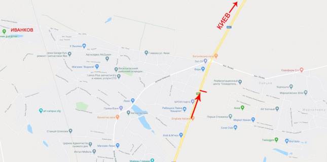 Мегаборд A в Иванков, 12x4  в'їзд до Києва, з боку Одеси, біля н.п.Глеваха, нового моста, поруч АЗС, від котедж.городка Садок вишневий схема