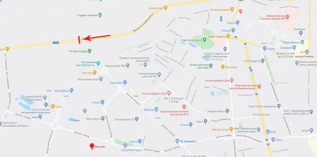 Нестандарт A в Киеве міст пішохідний через Велику Кільцеву дорогу (№1 від вул. Міська) в напрямку до Гостомелю (праворуч) схема