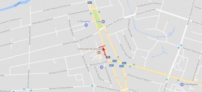 Билборд B в Сумах Баумана вул. (Степана Бандери)., біля  Канта вул. (Жуковського)., Автовокзалу схема