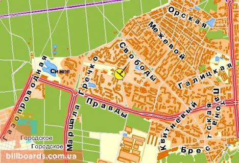Билборд  в Киеве Порика пр-т 11, возле супермаркета Сильпо, к пр-ту Свободы, из центра схема