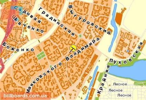 Билборд A в Киеве, 3x6  Червоної калини пр.  (Маяковського пр-т) 32, рух в напрямку супермаркету "Сільпо", "Варус", "Новус" та "Нова Пошта" схема
