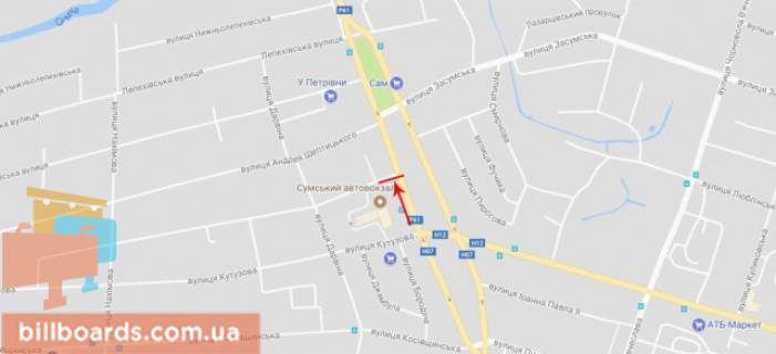 Билборд B в Сумах Бандери Степана вул., біля  Жуковського вул., Автовокзалу схема