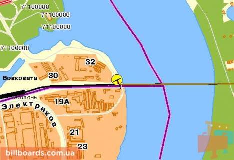 Білборд, Бігборд (Борд)  B у Києві Набережно-Рыбальская ул., 100 м перед железнодорожным мостом схема