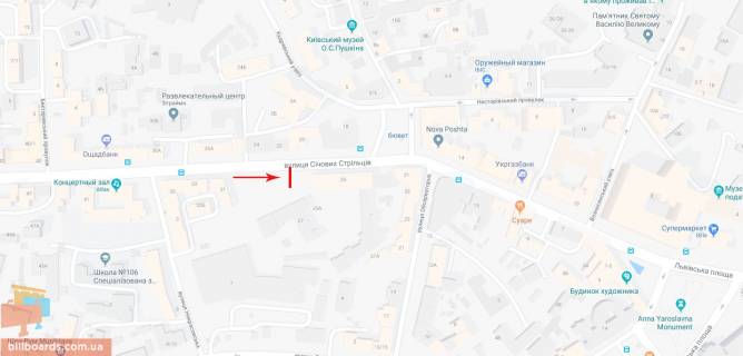 Билборд A в Киеве, 3,14x2,3  Січових Стрільців (Артема) вул. 27 - вул. Обсерваторна, в напрямку до Львівської площі схема