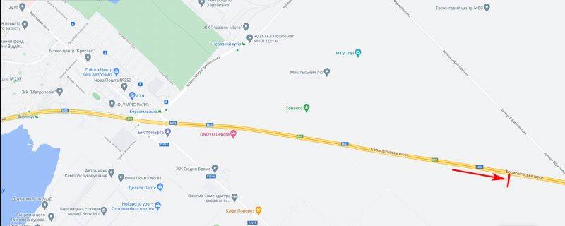 Мегаборд A в Киеве, 12x4  Бориспільське шосе, рух в напрямку від ст. м. "Бориспільська" схема