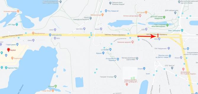 Мегаборд A в Киеве, 12x4  просп. Романа Шухевича (Генерала Ватутіна), на перехресті до Північного мосту, навпроти супермаркету "Novus" схема