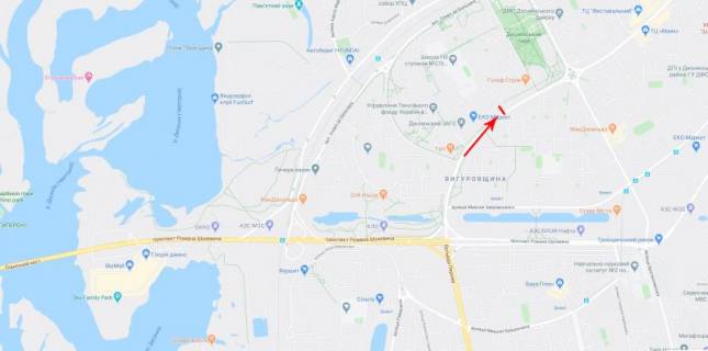 Билборд B в Киеве, 3x6  Червоної калини пр.  (Маяковського пр-т) 21, світлофор, супермаркет "ЕкоМакрет", рух в напрямку Драйзера вул. схема