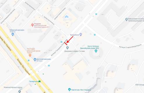 Сітіскролл A у Києві, 1.2x1.8  вул. Генерала Алмазова (Кутузова) . 11, на світлофорі, рух в напрямку  пл. Л.Українки схема