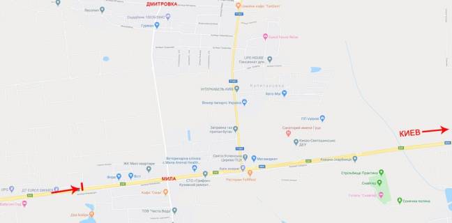 Мегаборд B на трасах Київської області, 12x4  Виїзд з Києва, в сторону Житомира, біля повороту на Мілу, до котедж.городку Міла Петрушки схема