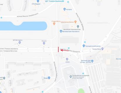 Нестандарт B в Киеве, 8x2  просп. Романа Шухевича (Генерала Ватутіна)., на перетині Кибальчича вул. і Закревського, рух в напрямку Північного моста (зліва) схема
