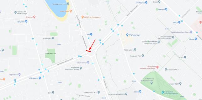 Білборд, Бігборд (Борд)  A у Києві Ревуцького вул., Біля Ахматової вул., На клумбі, до Бажана пр-т схема