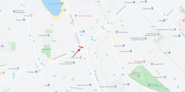 Билборд B в Киеве Ревуцького вул., біля Ахматової вул., на клумбі, до Харківського шосе схема