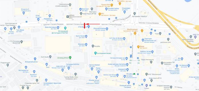 Видеоборд B в Киеве, 3x6  Бандери Степана пр-т 8, ТЦ "Городок", АТБ, Комфи, Ельдорадо, рух в напрямку О. Теліги - 435652 схема
