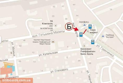 Билборд B в Львове, 6х3  Грінченка - вул. Гетьмана Мазепи (до зупинки тролейбуса) В схема