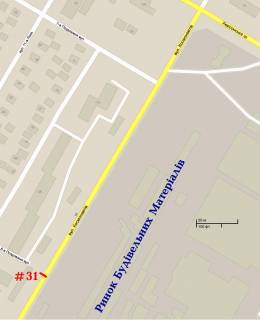 Билборд B в Николаеве №31Б, вул. Космонавтів, 98 - ринок Будматеріалів Г-образный щит над дорогою. стБ схема
