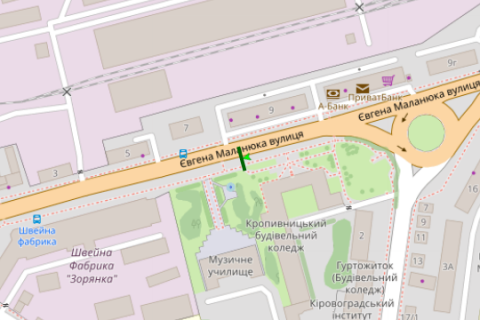 Билборд B в Кропивницкий (Кировоград), 3x6  Маланюка Євгена вул., 6/2 - Дружби народів пл. - Андрія Матвієнка вул. (Башкирська вул.) схема