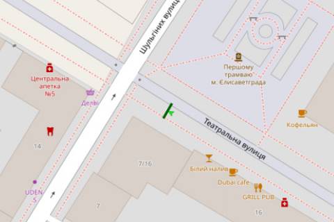 Ситилайт B в Кропивницкий (Кировоград), 1.2x1.8  Театральна вул. (Дворцова)., 16/7 - Шульгіних вул. (Калініна вул.) схема