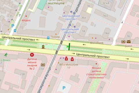 Ситилайт B в Николаеве, 1.2x1.8  Центральний просп. (Леніна просп.) - Захисників Миколаєва вул. (Декабристів) ., (№2) схема