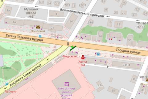 Билборд A в Кропивницкий (Кировоград), 3x6  Соборна вул. ( 50 років Жовтня). - Євгена Тельнова вул (Правди просп.). - Героїв України вул. (Героїв Сталінграда вул.) схема