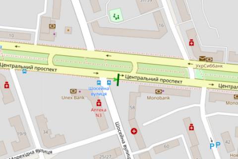 Ситилайт A в Николаеве, 1.2x1.8  Центральний просп. (Леніна просп.), 21 - Шосейна вул. (Фрунзе вул.) схема