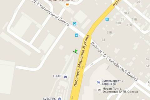 Billboard A in Odessa, 3x6  Nebesnoi Sotni prosp. (Marsala Zukova prosp.) - Inglezi st. (25-oi Capaevs'koi Divizii st.) - Kosmonavta Komarova st. scheme