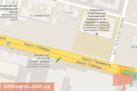 Билборд A в Киеве Перемоги просп., 49/2: завод "Більшовик", АЗС "Лукойл"; №1 (в напр. Галицька площа (Перемоги пл.).) схема