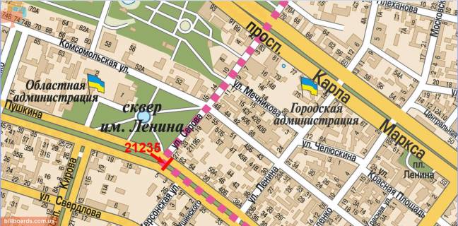 Ситилайт B в Днепр (Днепропетровск), 1.2x1.8  Лесі Українки (Пушкіна) просп. - Лазаря Глоби (Сєрова, Фабра вул) вул. схема