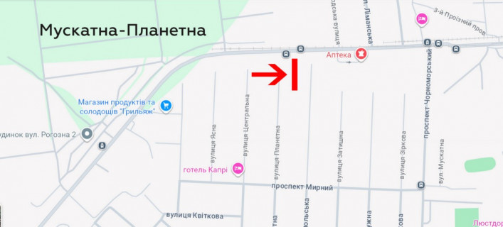 Білборд, Бігборд (Борд)  A у Одесі, 3х6  Мускатна вул. (Зої Космодем’янської)-Планетна А схема