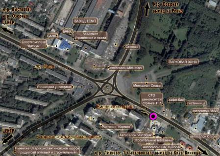Billboard A in Khmelnitsky, 3*6  av.Miru - Starokostantinivs'ke sose (memorial slavi). nepodalik: supermarket "Sil'po", magazini avtozapcastin, avtorinok, avtosaloni "BMV", "Mersedes", "Opel'", "Reno", "Hundaj", "Skoda" ta insi, oficijnij servis "BOS" (vid centru) scheme