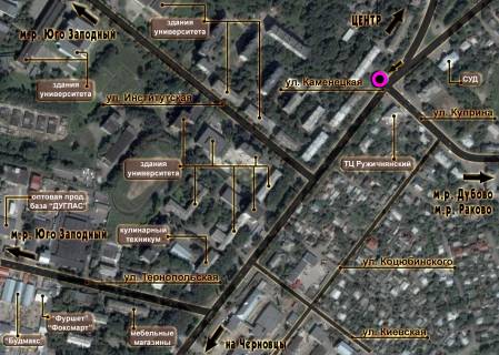 Billboard A in Khmelnitsky, 3*6  perehresta st.Kam'anec'ka - st.Petluri. nepodalik: TC "Ruzicnans'kij", skupcenna MAFiv, zupinki, sud (vid centru) scheme