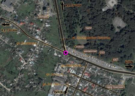 Billboard A in Khmelnitsky, 3*6  T-podibne perehresta st.Proskurivs'kogo pidpilla - st.Vokzal'na. nepodalik: velika avtostoanka, park, privatna zabudova (v centr) [prave vuho] scheme