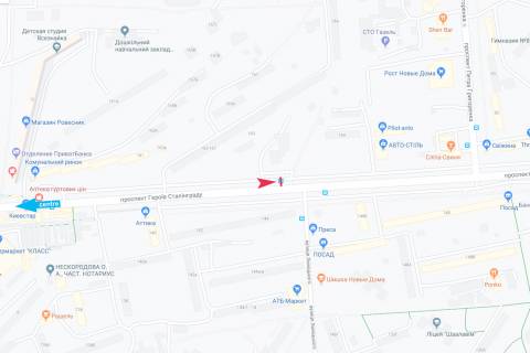 Билборд B в Харькове, 1,24х1,84  Героїв Салінграда пр-т, 163 (зупинка 27-й мікрорайон), з центру схема