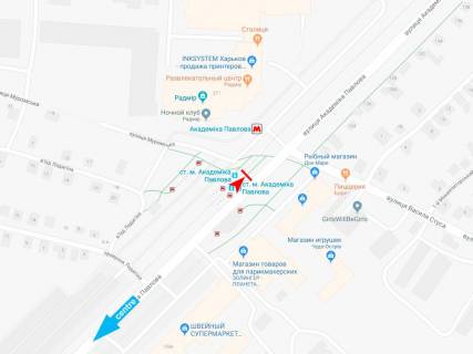 Билборд B в Харькове, 1,24х1,84  Академіка Павлова вул., 271 (2) (зупинка ст. м. Академіка Павлова), з центру схема