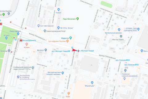 Билборд A в Харькове, 1,24х1,84  Георгія Тарасенка (Плеханівська) вул, 96 (зупинка Добровольців (Молодої Гвардії)), з центру схема