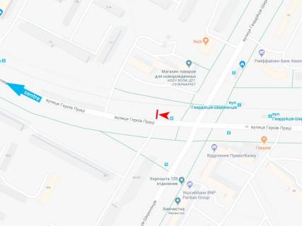 Билборд A в Днепр (Днепропетровск), 3х6  Героїв Праці вул., 25/71 - Гвардійців-Широнінців вул., в центр схема