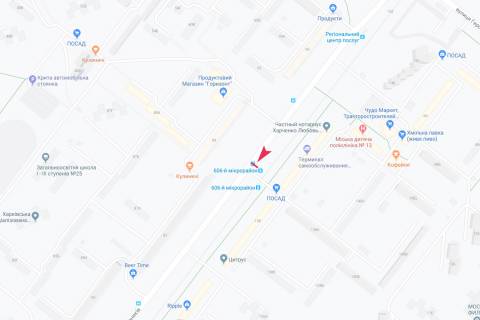 Билборд B в Харькове, 1,24х1,84  Тракторобудівників, 142 (зупинка 606-й мікрорайон), з центру схема