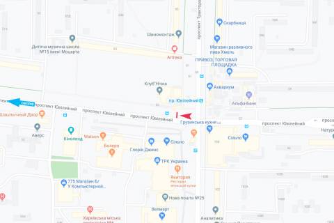 Билборд B в Харькове, 1,24х1,84  просп. Ювілейний (П'ятдесятиріччя ВЛКСМ ) 55-А (2) (зупинка проспект Тракторобудівників), в центр схема