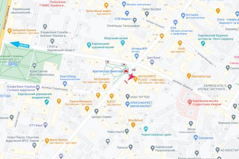 Білборд, Бігборд (Борд)  A у Харкові, 11,52 х 6,72  Пушкинська вул., м. Архитектора Бекетова, з центру (направлення до ТРЦ Нікольский, Макдональдс, Податкова, Сквер з фонтаном Закоханих) схема