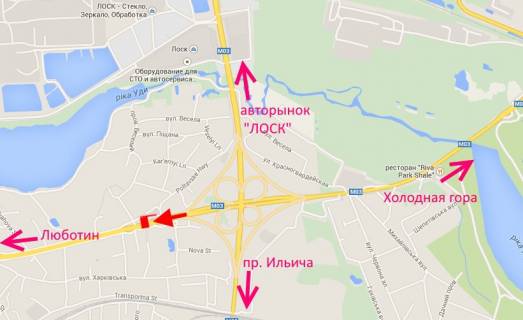 Билборд A в Песочине Полтавський шлях-пост  Поліції-біля шиномонтажу-з центру схема