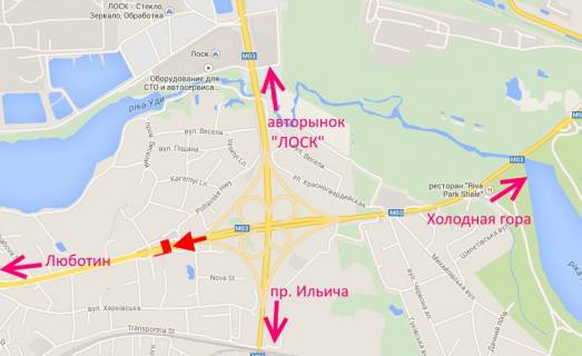 Билборд B в Песочине Полтавський шлях-пост Поліції-біля АЗС "ОККО"-з центру схема