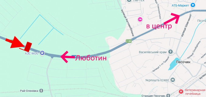 Білборд, Бігборд (Борд)  A у Харкові Траса Київ-Харків-467 км- сел. Пісочин-біля АЗС WOG-поворот на Рай-Єленівку-в'їзд у місто схема