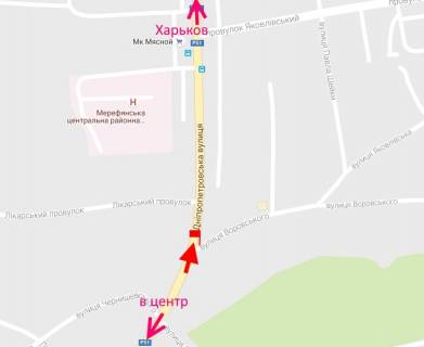 Билборд A в Мерефе Мерефа-вул. Дніпровська-вул. Воровського-прапорець №1-у бік Харкова схема