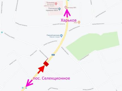 Билборд B в Мерефе Мерефа-вул. Дніпровська-вул. Леонівська-поворот на вокзал-прапорець №2-у бік Харкова схема