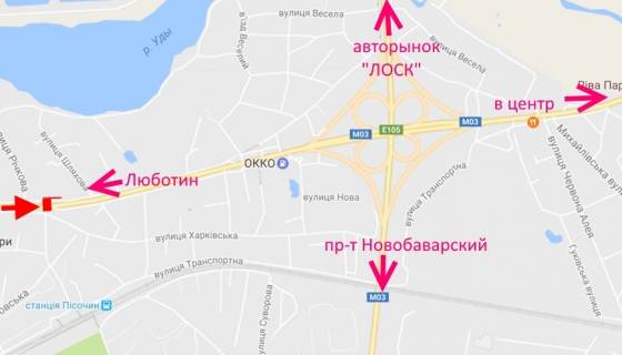 Білборд, Бігборд (Борд)  B у Пісочині Полтавський шлях-вул.Шляхова-прапорець №2-в центр схема